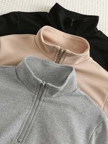 SHEIN 3pcs Young Boys Casual Comfortable Versatile Stand Collar Half-Zip Pullover Sweatshirt With Patch Pocket And Contrast Color Woven Label, Suitable For Autumn/Winter - Multicolor - View 6