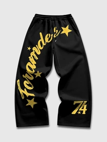 ROMWE MEN Street Life Men's Letter Print Drawstring Waist Sweatpants - Black - View 1