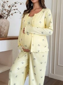 Dazy Maternity Setelan 3 Potong untuk Pakaian Rumah Kasual Sehari-hari dengan Motif Kupu-kupu (Kamisol Pas Badan, Kardigan Longgar, Celana Panjang Lurus), dan Setelan 2 Potong untuk Ibu Hamil/Musim Semi/Gugur - Kuning - View 7