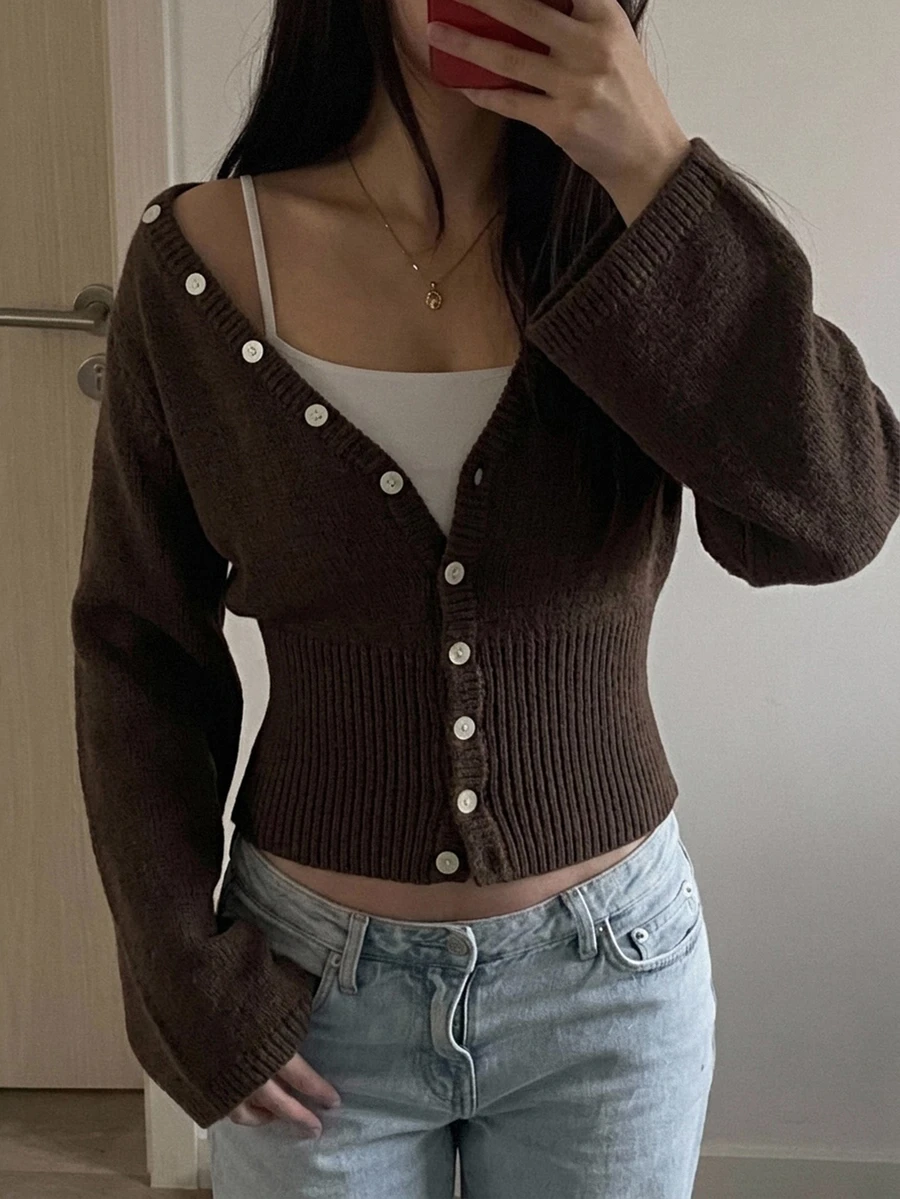 Livesso Cardigan Rajut Kabel Lengan Panjang Slim Fit Warna Cokelat Kopi untuk Wanita Musim Gugur/Dingin - Coffee Brown - View 1