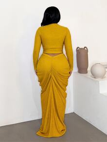 Maweii Plus Size Sexy Fitted Ruched Skirt 2 Pieces Set For Vacation Beach - Yellow - View 5