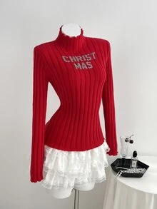 Elamini Sweater Wanita Lengan Panjang Kerah Tegak dengan Motif Huruf dan Potongan Slim Fit - Merah - View 1