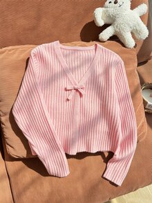 SHEIN 青少年女孩針織蝴蝶結開襟外套，搭配細肩帶背心 - 粉色 - 查看 4