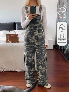 SHEIN Teen Girls Camouflage Denim Loose Overalls - Army Green - View 4