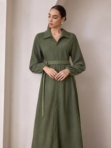 Graceveil Army Green Corduroy Collared Long Robe Dress With Metal Ring Waist Belt, Long Sleeve Muslim Conservative Dress - Army Green - View 6