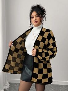 Elenzga 秋冬時尚休閒拼色拼接棋盤格女款長袖寬鬆顯瘦大尺碼開襟衫，外套上衣，度假、派對適用 - 摩卡棕 - 查看 8
