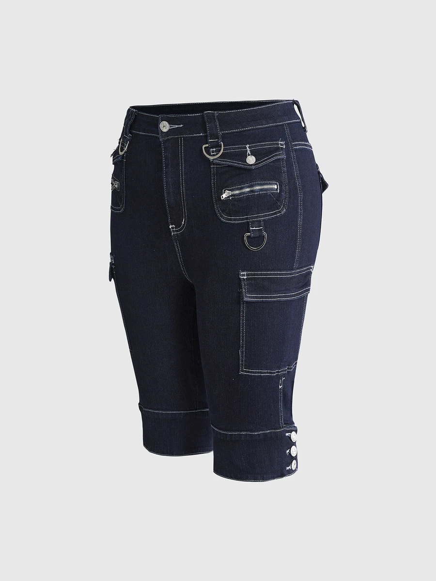 ROMWE Y2K Retro 7/10 Length Pants With Pocket Decor, Versatile Casual Stretch - Blue - View 1