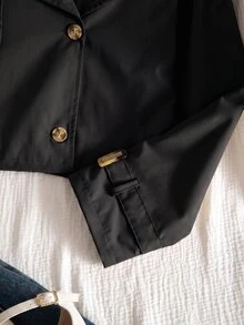 SHEIN 青少年女孩秋季拿破崙貓眼街頭風可愛雙排扣短款風衣，適合度假、日常、上班與哺乳，橄欖綠 - 黑色 - 查看 6