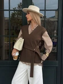 DAZY Fall/ V-Neck Sleeveless Dark Brown Side Belt Metal Buckle Decor Layered Loose Casual Commute Office Business Women's Wool Vest Winter - Brown - View 3