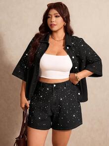 Elaquor Plus Size Fashion Rhinestone Button Pocket Black And White Shorts Formal Club Summer Casual Baggy - Black - View 3