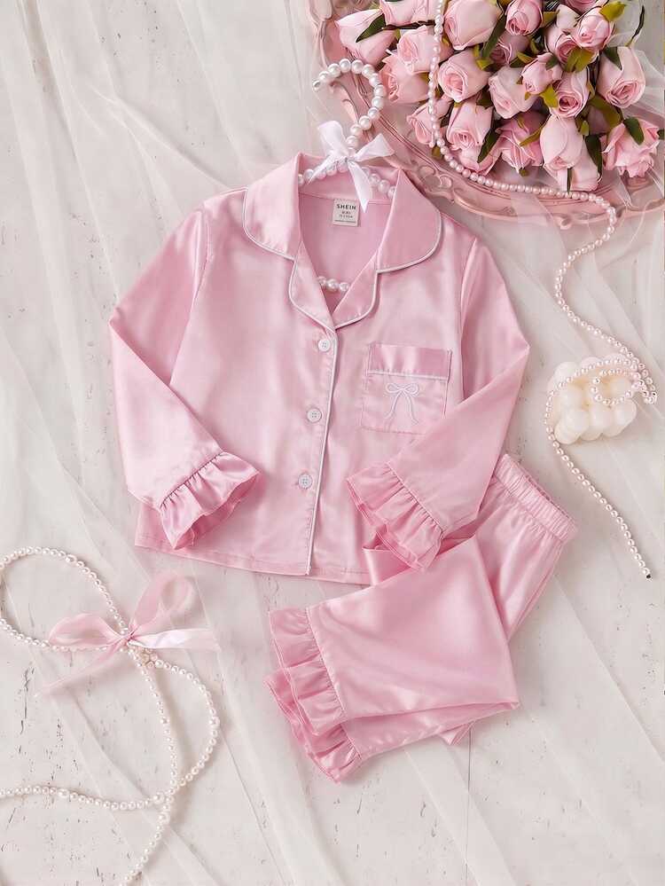 Girls' Solid Color Satin Ruffle Sleeve Long Sleeve Pants With Pockets And Embroidery 2 Pieces Set, Spring/Autumn - Pink - View 5
