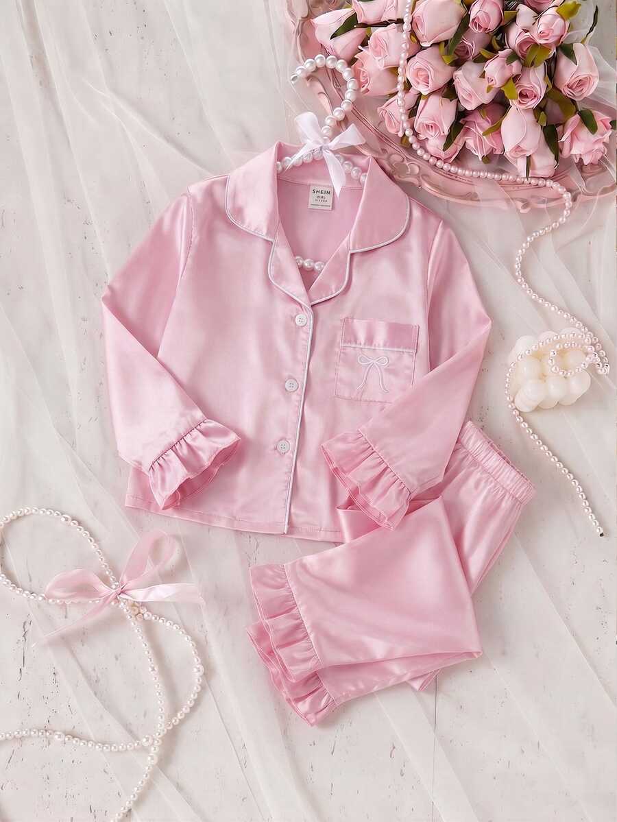 Girls' Solid Color Satin Ruffle Sleeve Long Sleeve Pants With Pockets And Embroidery 2 Pieces Set, Spring/Autumn - Pink - View 1