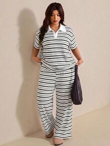 Elaquor Plus Size Summer Casual Striped Top And Pants 2 Pieces Set - Black and White - View 5