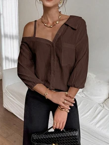 Siren Gaze Women's Spring/Fall Solid Color Asymmetric Collar Dropped Shoulder Loose Casual Elegant Chic Blouse Going Out Dark Brown - Coffee Brown - View 5