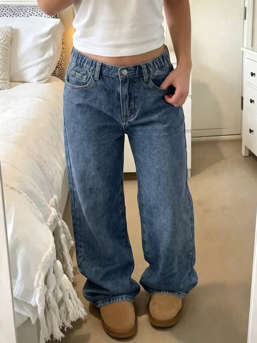 SHEIN 女童秋冬深藍色牛仔刷毛內裡寬鬆長褲 - 中等水洗藍 - 查看 1