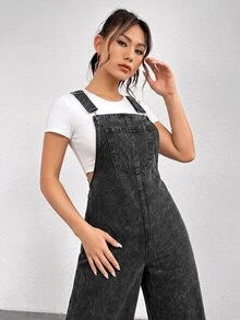 SHEIN 青少年女孩黑色寬鬆牛仔吊帶褲 2026秋冬款 可愛Y2K 百搭 萬聖節新年 - 黑色 - 查看 5