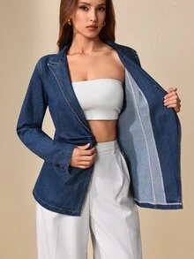 Selenza Jaket Denim Wanita dengan Gesper Logam dan Model Lilitan di Pinggang - Dark Wash - View 8