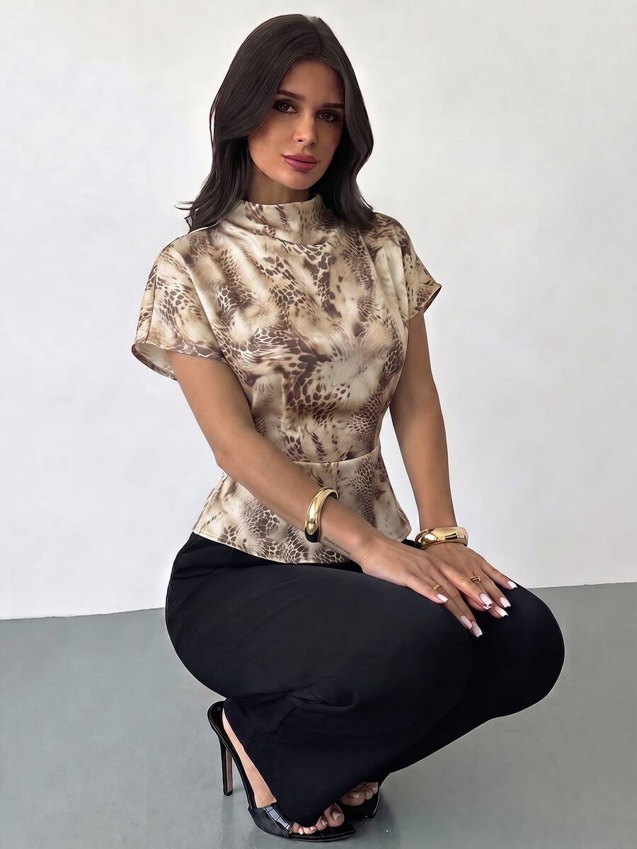 Firerie Women's Summer Ruched Collar Asymmetrical Sleeve Side Waist Ruched Slimming Commute Apricot Bamboo Linen Fabric Shirt, All Season, Classic Elegant Light Color Leopard Print - White - View 1