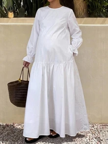DAZY Solid Color Loose Ruffle Long Sleeve Round Neck Dress, Elegant Maternity Dress For Vacation And Daily Wear, Spring And Autumn - White - View 1