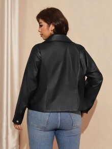 SHEIN LUNE Plus Size Women's Solid Color PU Leather Fashion Versatile Long Sleeve Jacket - Black - View 5
