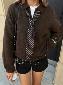 DAZY 女款純色極簡休閒V領針織毛衣 - 棕色 - 查看 8
