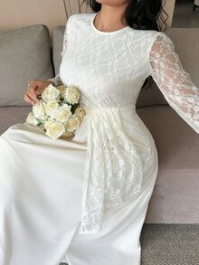 Dazy Plus Autumn Lace Patchwork Elegant Evening Dress, Early Autumn New Slimming Body-Flattering Dress - Apricot - View 1