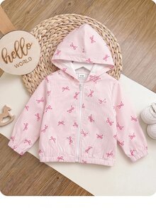 SHEIN 女嬰可愛休閒粉色花卉圖案連帽秋季外套 - 淺粉色 - 查看 4