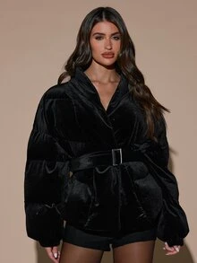 SHEIN BAE Winter Fashion Versatile Belted Warm Jacket - Black - View 6