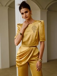 ZEYLAH Women's Exquisite Embroidered Beaded Puff Mid-Sleeve Top - Khaki - View 5