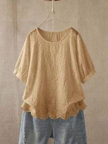 Rusticease Plus Size Vacation Casual Solid Color Hollow Embroidery Shirt - Khaki - View 7