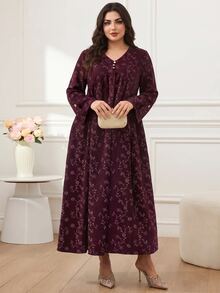 Al Najma Plus Size Women's Arabic Botanical Print Long Sleeve Button Design Dress - Multicolor - View 7