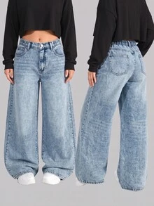 SHEIN Teen Girls Blue Loose Fit Denim Pants - Blue - View 5
