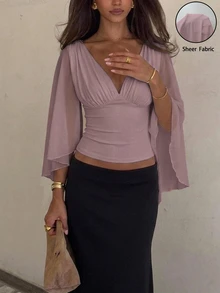 Siren Gaze Women's Solid Color Deep V-Neck Bell Sleeve Waist-Cinching Fashion Blouse - Dusty Purple - View 1