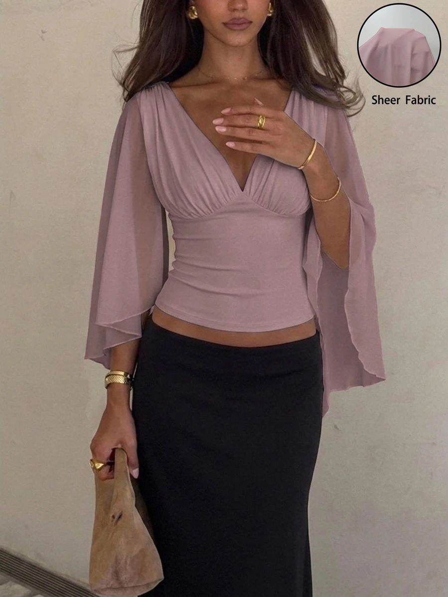 Siren Gaze Women's Solid Color Deep V-Neck Bell Sleeve Waist-Cinching Fashion Blouse - Dusty Purple - View 1