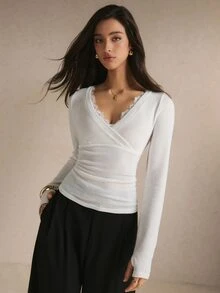 Poéselle Women's Elegant Solid Color Lace Trim T-Shirt, Autumn - White - View 7