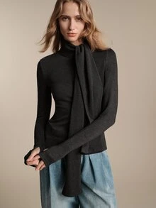 Anewsta Essential Autumn/Winter New High-Quality Standard Size Women's Design Ribbon Scarf High Neck Knitted Sweater, Slim Fit Flattering Versatile Long Sleeve Base Layer Top - Black - View 3