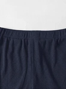 SHEIN 兒童青少年女孩運動休閒日常針織素色開襟外套與喇叭長褲套裝 秋冬穿搭 - 藍色 - 查看 9