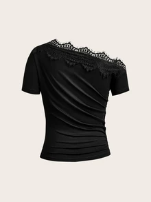 SHEIN Clasi 女款素色對比蕾絲不對稱肩短袖時尚T恤 - 軍綠色 - 查看 10