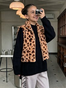 青少年女孩長袖豹紋北極絨立領拉鍊夾克，秋冬款短版修身背心馬甲 - 彩色 - 查看 7