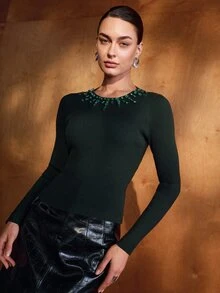 MOTF PREMIUM HEAVY HAND-EMBELLISHED RHINESTONE FITTED BASE LAYER KNIT SWEATER - Green - View 4