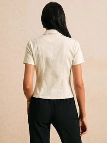 Poéselle 女款短袖鈕扣設計休閒拿破崙牛仔夾克 - 杏色 - 查看 2