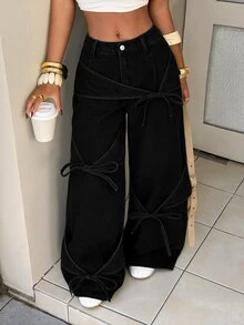 Rivivi Plus Size Women's Front Knot Wide Leg Loose Casual Denim Jeans - Black - View 5
