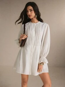 Poéselle Women's Solid Color Round Neck Ruffle Cuff Single-Breasted Casual Mini Dress - White - View 1
