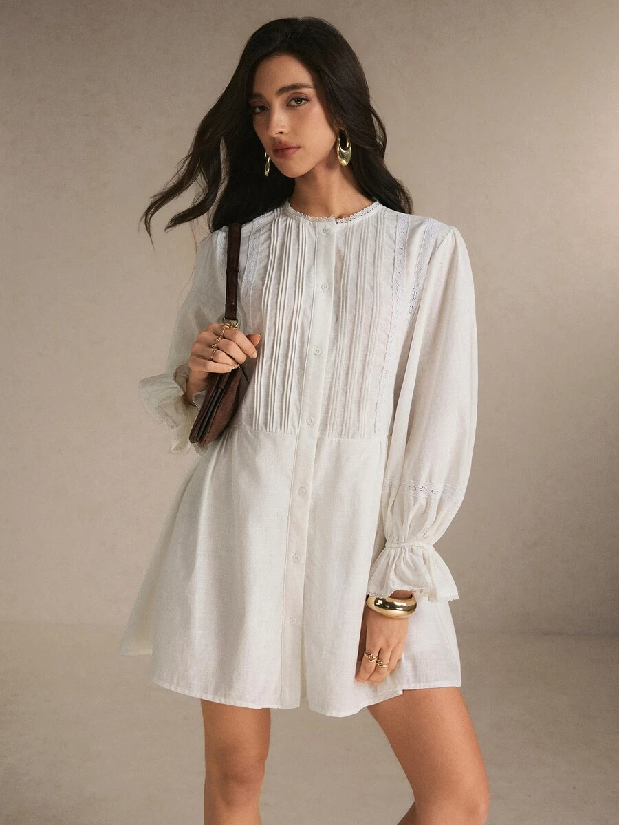 Poéselle Women's Solid Color Round Neck Ruffle Cuff Single-Breasted Casual Mini Dress - White - View 1
