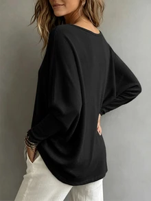 Breezaya Women's Solid Color Minimalist Versatile Top For Daily Commute - Black - View 3