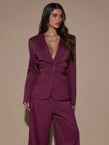 SHEIN BAE Women's Elegant Ruched Waist Long Sleeve Jacket And Striped Pants Suit Set - Burgundy - View 5