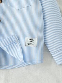 SHEIN 男孩 3-7 歲簡單休閒棉質條紋立領長袖襯衫，舒適柔軟面料，百搭風格，適合學校、外出、度假、派對等多種場合 - 藍色 - 查看 4