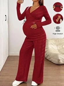 SHEIN 孕婦純色長袖T恤與可調腰長褲休閒哺乳兩件套 - 酒紅色 - 查看 7