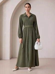 Graceveil Army Green Corduroy Collared Long Robe Dress With Metal Ring Waist Belt, Long Sleeve Muslim Conservative Dress - Army Green - View 1