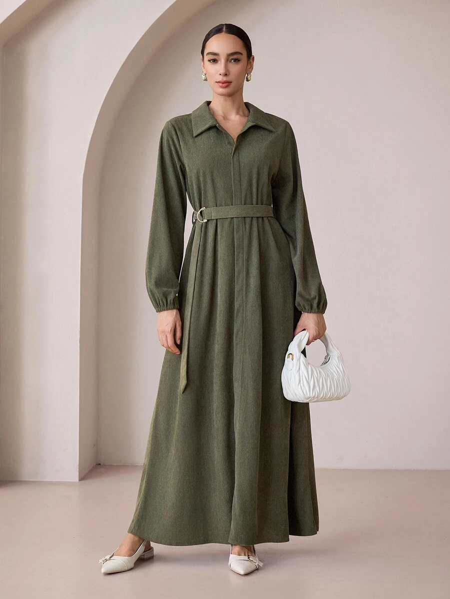 Graceveil Army Green Corduroy Collared Long Robe Dress With Metal Ring Waist Belt, Long Sleeve Muslim Conservative Dress - Army Green - View 1